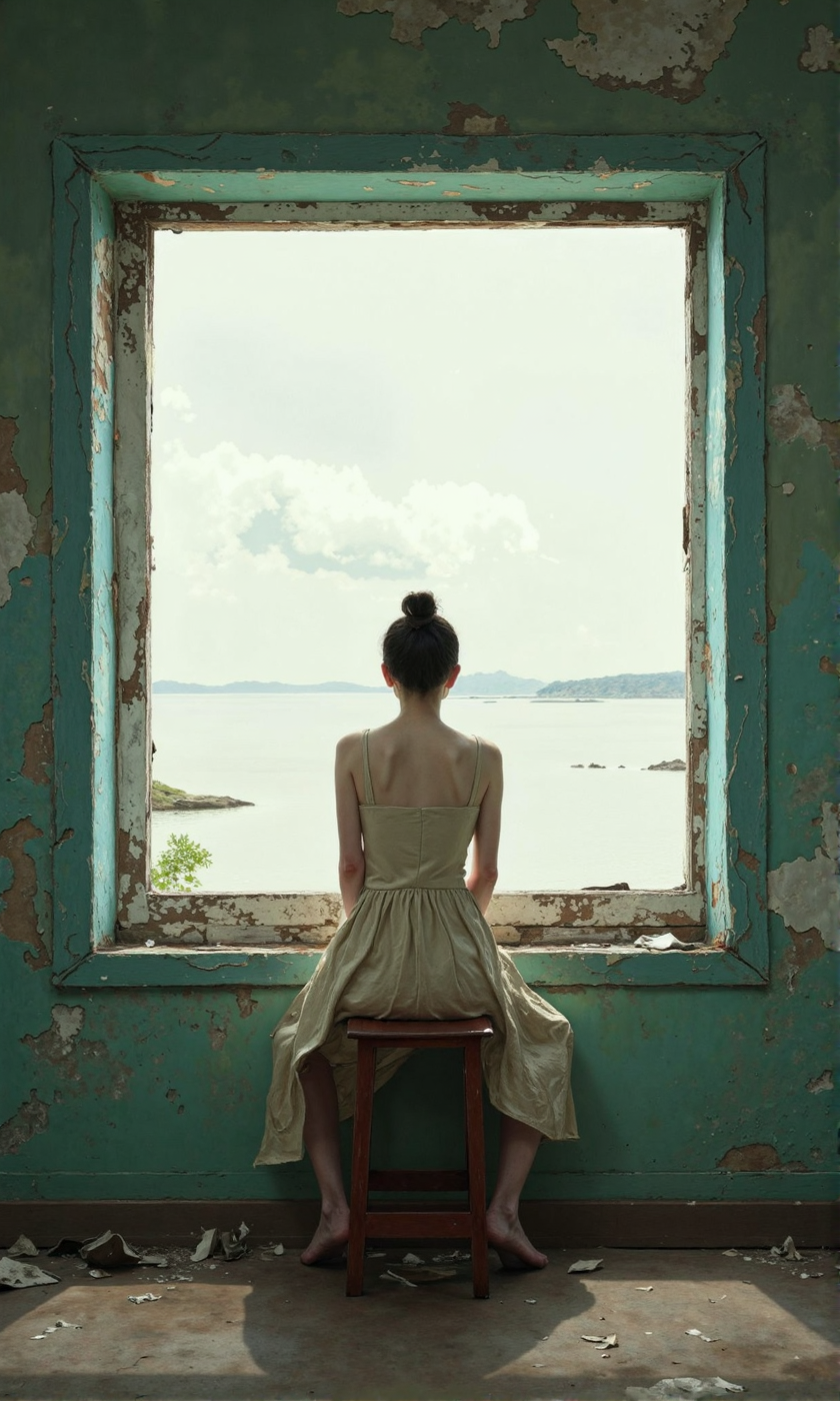 Full indoor shot of a woman seated on a small stool in front of a large window.
The woman is positioned from the back, so only her back and the top of her legs are visible. She has dark brown hair styled in a bun. She wears a light beige or cream-colored sleeveless dress, a simple sundress, that falls below her knees. 
The window frame is weathered and shows signs of age or damage, with irregular gaps and discoloration in the glass area within the frame. The view through the window is of a body of water, a pale sky, and a cloud formation, a neutral, overcast or slightly hazy ambiance.
The walls are a muted teal or aquamarine color, and the wall surface has visible patches of discoloration, roughness, and signs of age, which lends a sense of decay or abandonment to the room. 
The stool she sits on is a dark reddish-brown color with a simple design. 
The floor is a muted grayish-brown color, and scattered debris or remnants of materials are visible, suggesting neglect or disuse.  The overall image evokes a sense of solitude, contemplation, and possible melancholy., <lora:FLUX-daubrez-DB4RZ-v2:0.9> DB4RZ, DB4RZ style painting, <lora:ImpurePores:0.85> xlr_skin,
