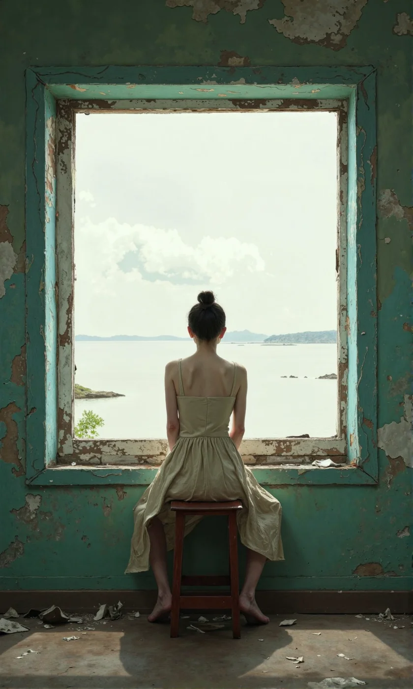 Full indoor shot of a woman seated on a small stool in front of a large window.
The woman is positioned from the back, so only her back and the top of her legs are visible. She has dark brown hair styled in a bun. She wears a light beige or cream-colored sleeveless dress, a simple sundress, that falls below her knees. 
The window frame is weathered and shows signs of age or damage, with irregular gaps and discoloration in the glass area within the frame. The view through the window is of a body of water, a pale sky, and a cloud formation, a neutral, overcast or slightly hazy ambiance.
The walls are a muted teal or aquamarine color, and the wall surface has visible patches of discoloration, roughness, and signs of age, which lends a sense of decay or abandonment to the room. 
The stool she sits on is a dark reddish-brown color with a simple design. 
The floor is a muted grayish-brown color, and scattered debris or remnants of materials are visible, suggesting neglect or disuse.  The overall image evokes a sense of solitude, contemplation, and possible melancholy., <lora:FLUX-daubrez-DB4RZ-v2:0.9> DB4RZ, DB4RZ style painting, <lora:ImpurePores:0.85> xlr_skin,