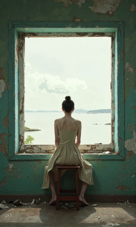 Full indoor shot of a woman seated on a small stool in front of a large window.
The woman is positioned from the back, so only her back and the top of her legs are visible. She has dark brown hair styled in a bun. She wears a light beige or cream-colored sleeveless dress, a simple sundress, that falls below her knees. 
The window frame is weathered and shows signs of age or damage, with irregular gaps and discoloration in the glass area within the frame. The view through the window is of a body of water, a pale sky, and a cloud formation, a neutral, overcast or slightly hazy ambiance.
The walls are a muted teal or aquamarine color, and the wall surface has visible patches of discoloration, roughness, and signs of age, which lends a sense of decay or abandonment to the room. 
The stool she sits on is a dark reddish-brown color with a simple design. 
The floor is a muted grayish-brown color, and scattered debris or remnants of materials are visible, suggesting neglect or disuse.  The overall image evokes a sense of solitude, contemplation, and possible melancholy., <lora:FLUX-daubrez-DB4RZ-v2:0.9> DB4RZ, DB4RZ style painting, <lora:ImpurePores:0.85> xlr_skin,