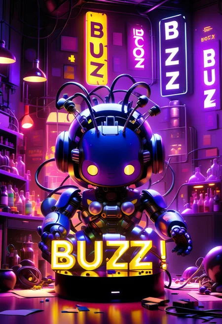 A cute blocky purple robot on a stainless steel table in a classic, movie-style science lab, ((holding a neon sign that reads 'BUZZ')), The lab has a retro Frankenstein aesthetic with gothic arches, glowing tubes, Tesla coils sparking in the background, and scattered scientific equipment. The lighting is dim and atmospheric, with an eerie yet whimsical vibe, rendered with realistic textures but in a tongue-in-cheek, goofy style. The scene is detailed, emphasizing both the humor and the retro-science lab setting. 
((masterpiece)), ((detailed)), ((beautiful)), ((realistic)), ((4k)), ((8k))
[Metal|Leather|Flash|Neon|Glass|Screen|carpaint_Detailed Texture: 0.7],
(sci-fi:1.2), (futuristic:1.2), (dystopian:1.1), (realistic:1.2), (industrial:1.2),
OverallDetail, great lighting, zoya, clear, vertical