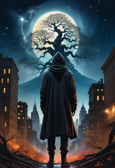 very rough painting with visible paint strokes, (dynamic_angle), A world-tree with branches among the stars, hooded figure standing among the roots eyes of glowing embers, a figurelooking down, clothes like midnight full of stars, Night light, sharp shadows, moon lit, looking out over city, City landscape, dystopian city, crowds of people looking upwards, illustration,
