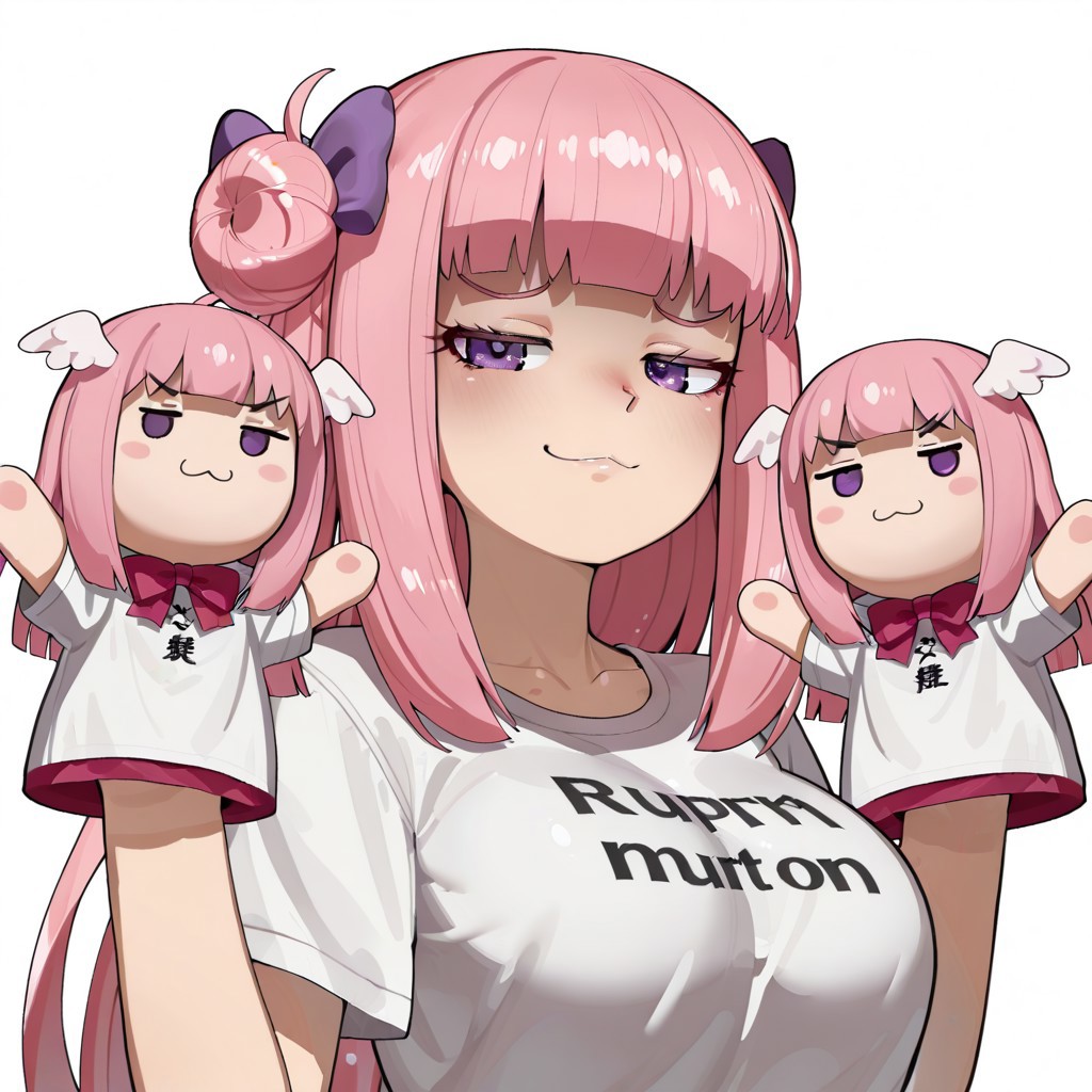 lazypos, girl focus, pink hair, breasts, hair bun, purple eyes, long hair, shirt, large breasts, smile, simple background, white background, wings, 1girl, white shirt, puppet, looking at viewer, head wings, t-shirt, bow, upper body, smug, single side bun, hand puppet, :3, hair bow, short sleeves, Mizumizuni, ashikostyle