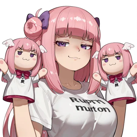 lazypos, girl focus, pink hair, breasts, hair bun, purple eyes, long hair, shirt, large breasts, smile, simple background, white background, wings, 1girl, white shirt, puppet, looking at viewer, head wings, t-shirt, bow, upper body, smug, single side bun, hand puppet, :3, hair bow, short sleeves, Mizumizuni, ashikostyle