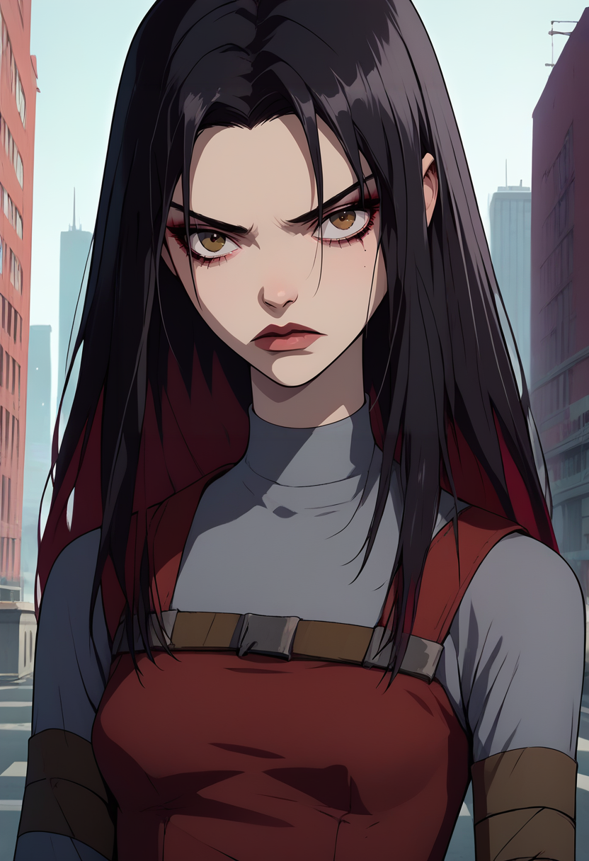 score_9, score_8_up, score_7_up,score_6_up, source_anime,sinozick style, g4n1m3, <lora:Sinozick_Style_XL_Pony:0.6> <lora:g4n1m3XLP:0.75>
BREAK
 circe, 1girl,short dress, two-tone hair, makeup, black hair, grey pantyhose, brown eyes, city,serious,upper body, grey sleeves,  long hair, <lora:circe-08:1>