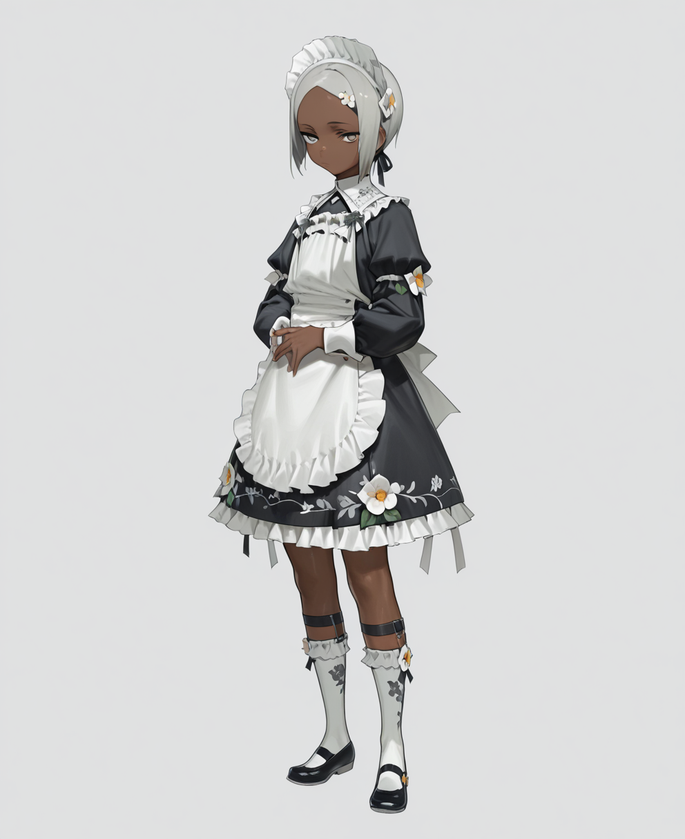 <lora:amrkdrw:1> amrkdrw,
(masterpiece), (best quality), (ultra-detailed), amazing quality, very aesthetic, illustration, perfect composition, intricate details, absurdres, incredibly absurdres, shiny skin, realistic,
 amrkdrw, solo, 1girl, dark skin, full body, dress, skinned female, white background, own hands together, black footwear, simple background, shoes, grey hair, socks, frills, long sleeves, standing, black dress, short hair, apron, maid, white socks, puffy sleeves, looking at viewer, hair ornament, mary janes, flower, maid headdress, closed mouth, frilled dress, floral print, general