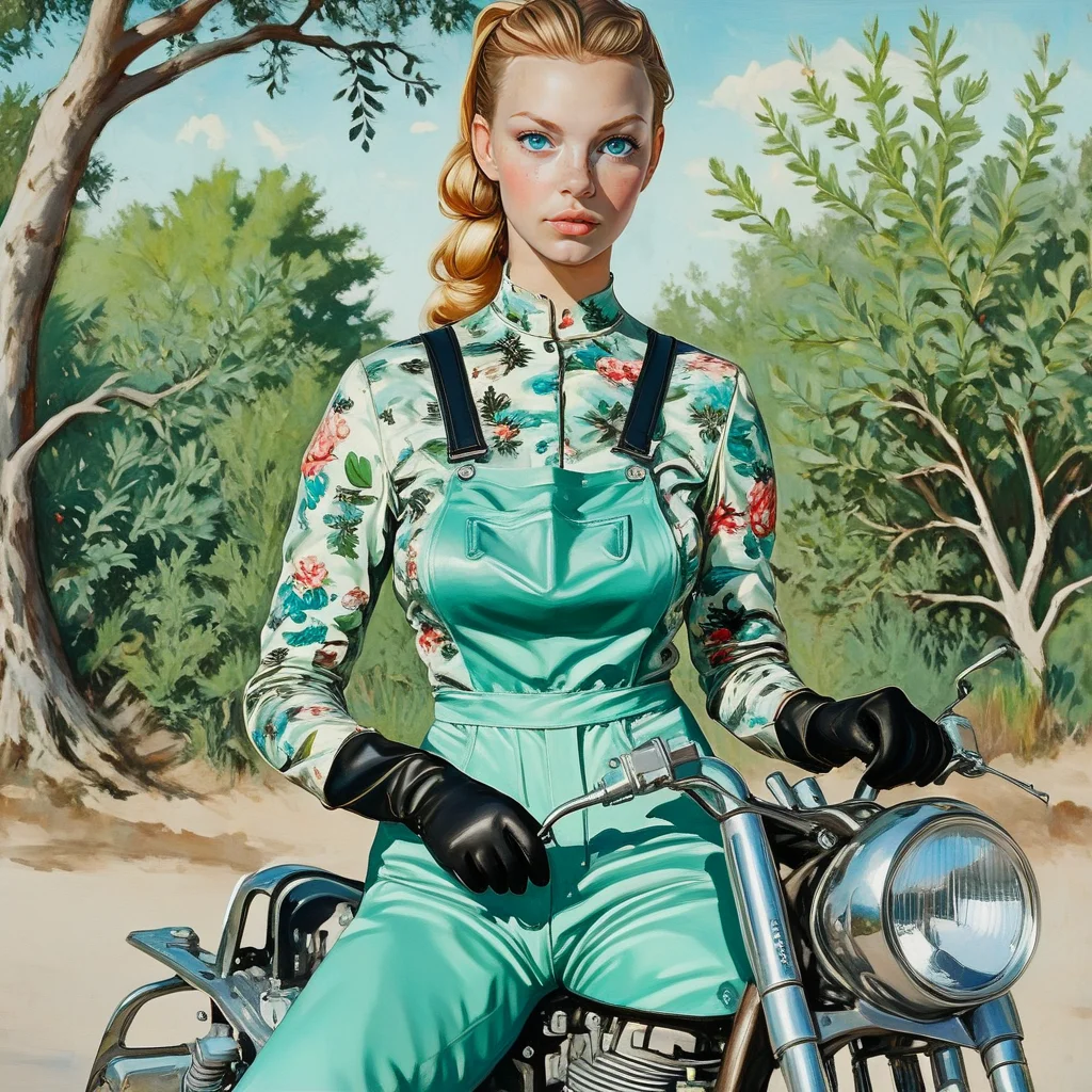 <lora:Aquamarine_PinupSDXL:1> 1girl, solo, ground vehicle, gloves, motor vehicle, outdoors, blue eyes, tree, blonde hair, black gloves, The image is a painting of a young woman sitting on a motorcycle. She is wearing a green jumpsuit with a floral blouse and black gloves. The jumpsuit has a high collar and long sleeves. She has blonde hair styled in a high bun and is looking directly at the camera with a serious expression. The motorcycle is a vintage model with a round headlight and a chrome handlebar. The background is a landscape with trees and bushes. The overall color scheme of the painting is green blue and white.