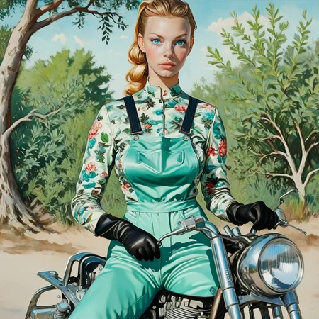 <lora:Aquamarine_PinupSDXL:1> 1girl, solo, ground vehicle, gloves, motor vehicle, outdoors, blue eyes, tree, blonde hair, black gloves, The image is a painting of a young woman sitting on a motorcycle. She is wearing a green jumpsuit with a floral blouse and black gloves. The jumpsuit has a high collar and long sleeves. She has blonde hair styled in a high bun and is looking directly at the camera with a serious expression. The motorcycle is a vintage model with a round headlight and a chrome handlebar. The background is a landscape with trees and bushes. The overall color scheme of the painting is green blue and white.