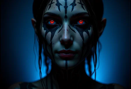 . A close-up shot of a shadow witch, seen from below giving her a menacing and dominant appearance, her eyes glowing with a cold, unsettling red light, filled with malice, her skin showing scarred areas, some fresh and others old and healed over, adding to her grim appearance, lit by an eerie blue underlight that makes her features appear almost skeletal, <lora:bv-demonic-skin-runes.safetensors:0.7000000000000001:0.7000000000000001>