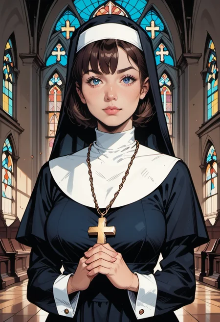 score_9, score_8_up, score_7_up, source_anime, 1woman, mature, human female, human, detailed face, jawline, smooth skin, beige skin, beautiful eyes, blue eyes, brunette, big breasts, bob cut hair, nun, habit, long sleeves, dress, black dress, jewelry, black veil, cross, cross necklace, church,
