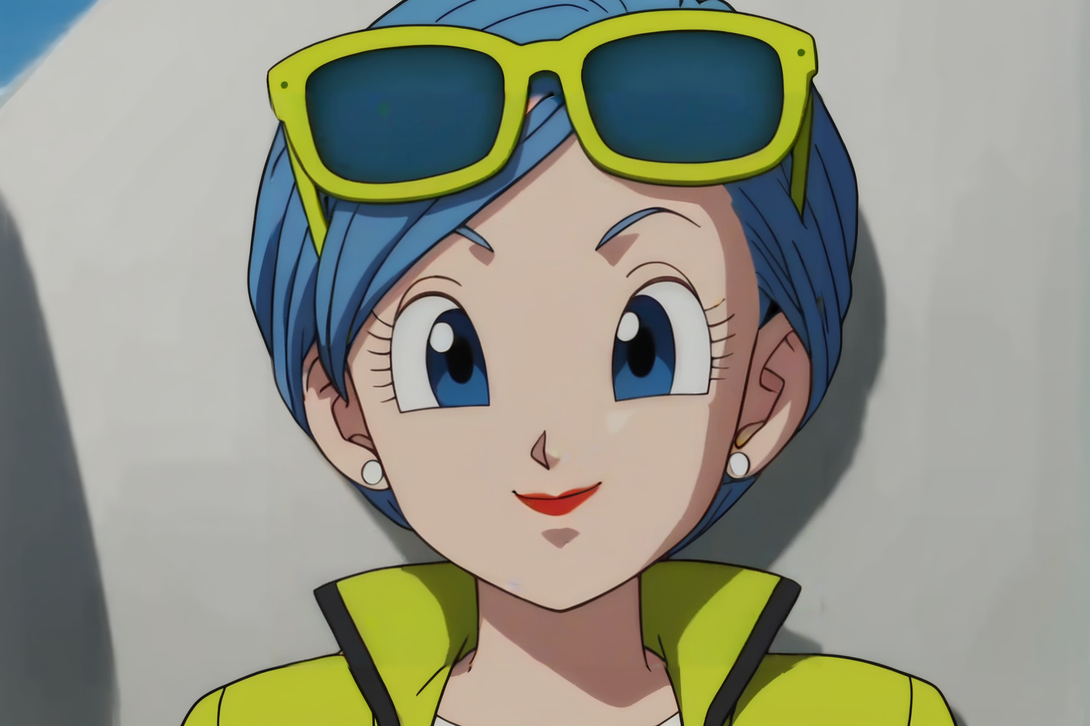 source_anime, score_9, score_8_up, score_7_up, anime screencap,8k, absurd res,
bulma, 1girl, solo, looking at viewer, smile, short hair, blue eyes, jewelry, closed mouth, blue hair, earrings, eyelashes, makeup, sunglasses, lipstick, eyewear on head, close-up, yellow jacket
 <lora:bulmaDBS_pony_v3:0.8>