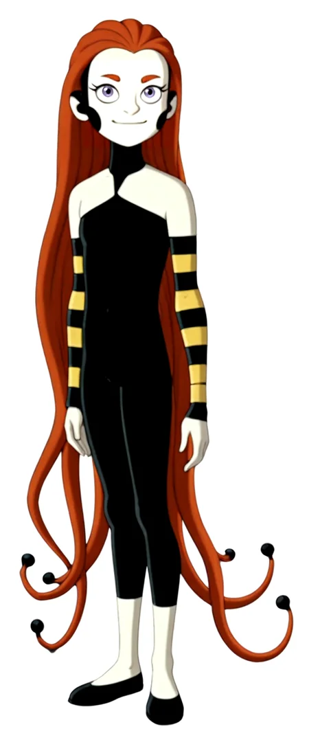 frightwigRB, solo, very long hair, full body, purple eyes, red hair, hair down, 1girl, smile, striped sleeves, colored skin, white skin, detached sleeves, black bodysuit, tentacle hair, black footwear, looking at viewer, white background, masterpiece,best quality,amazing quality,