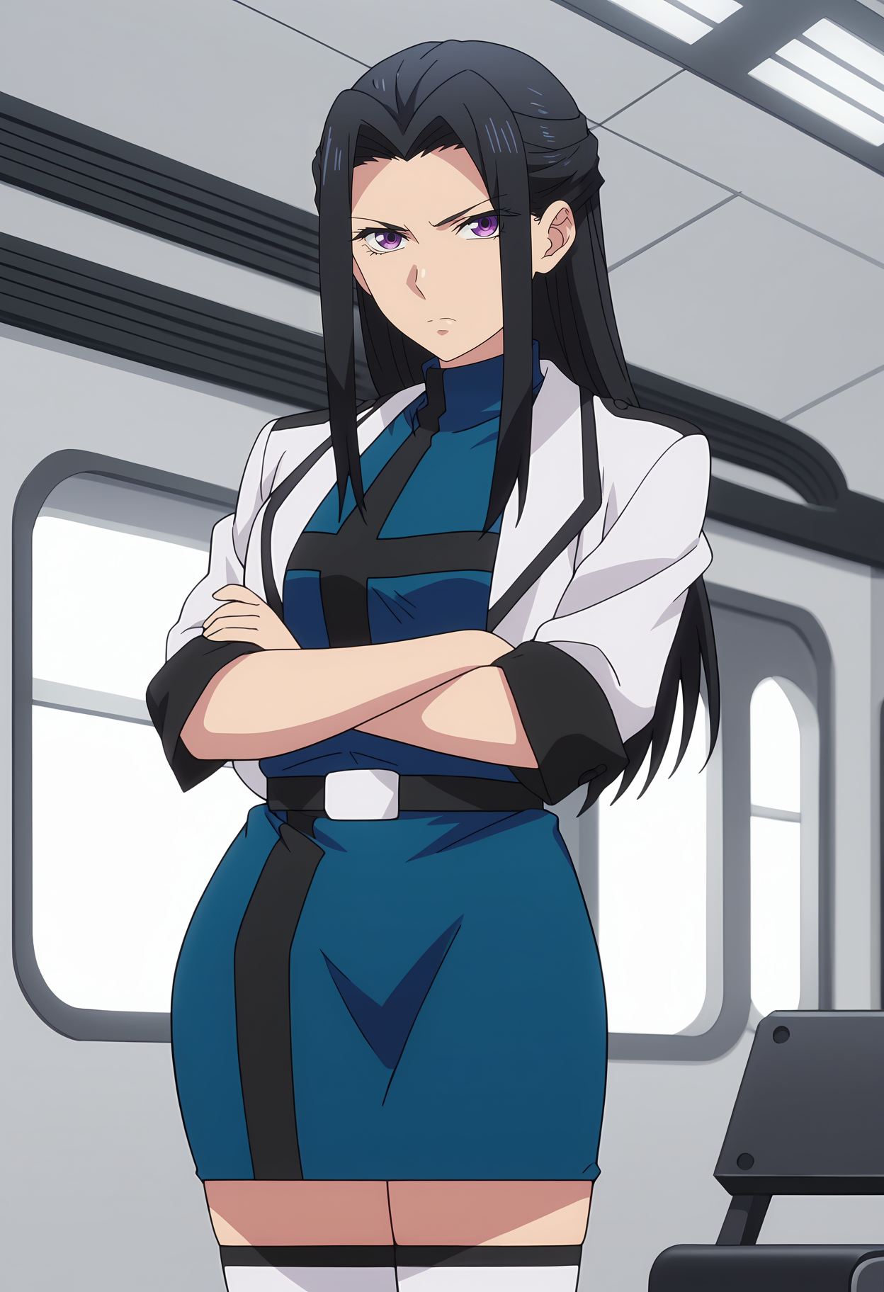 score_7_up, anime screencap,
<lora:ShuumatsuNoHarem_KatagiriReaXL:0.9>,
1girl, solo, closed mouth, serious,
long hair, black hair, hair intakes, hair behind ear, purple eyes, ,
KatagiriRea, turtleneck, pencil dress, short dress, blue dress, cropped jacket, white jacket, short sleeves, black belt, white thighhighs,
crossed arms, standing, looking at viewer, cowboy shot,
science fiction, indoors, blurry background