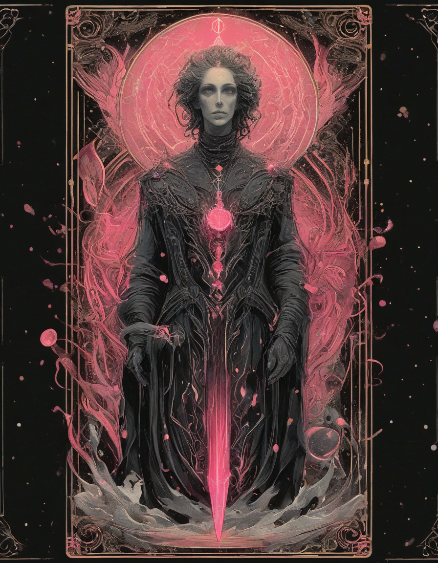 <lora:artfullyTAROT1LINE_SDXL_V1:1>,the front of an old card,tarot,tarot card,the magician,((1 line 1 color)),calligraphy,minimal,geometric,(2 colors total),lime,pink,black)) background,marker,((fine liner),masterpiece)),detailed,intricate,best quality,absurd resolution,tl4,sharp crisp ines,masterwork by artisan calligrapher,lines flow from one aspect to another,neon pink,nen liume,obsidian,ivory,vantablack,(((1 line ))) illustration,masterpiece,absurd resolution, vibrant colorstory, high contrast, holographic
