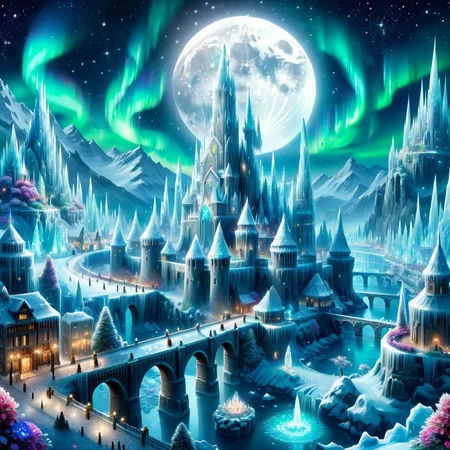Masterpiece,8k,absurd resolution,I
ImaginaryCityScapes,icy city,flower,outdoors,sky,water,tree,night,moon,building,star (sky),night sky,scenery,full moon,starry sky,crystal,mountain,city,fantasy,bridge,castle,tower,aurora
,<lora:City_scapes_XL:0.6>