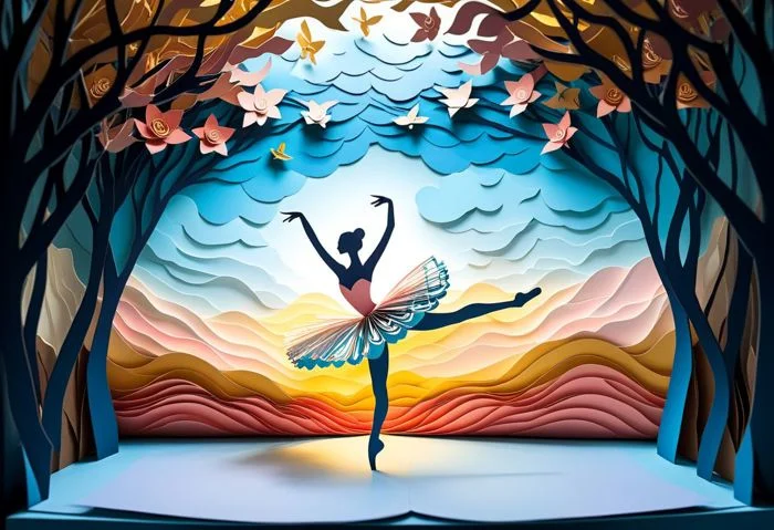 Imagine a three-dimensional image that combines the beauty of ballet with the creativity of paper cutouts, inspired by the art of Jinzhi and the imagination of Van Gogh. The image should have multiple layers to achieve an artistic and surreal effect of a camera