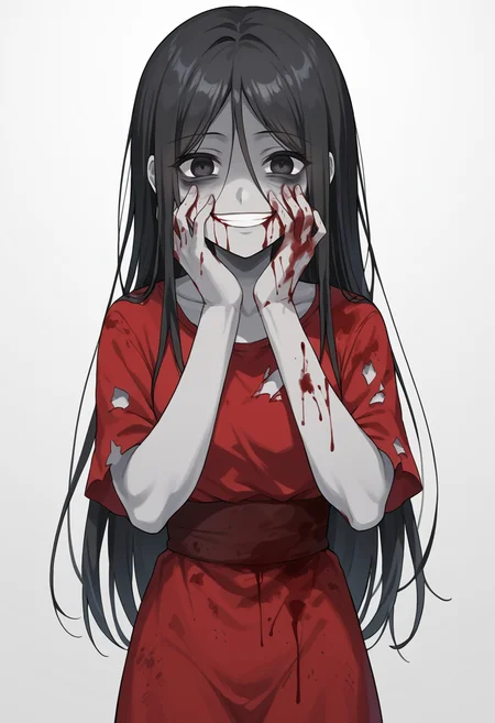 masterpiece, best quality, uncensored, source_anime, score_9, score_8_up, score_7_up, score_6_up, score_5_up, score_4_up, 1girl, solo, sachiko shinozaki, colored skin, grey skin. long hair, black hair, black eyes, red dress, torn clothes, yandere, evil smile, blood, blood on face, blood on clothes, blood on body, Yandere trance, hands on own face, hands on own cheeks <lora:SachikoShinozaki:0.8> <lora:Yandere_Expression_v1.0:1>