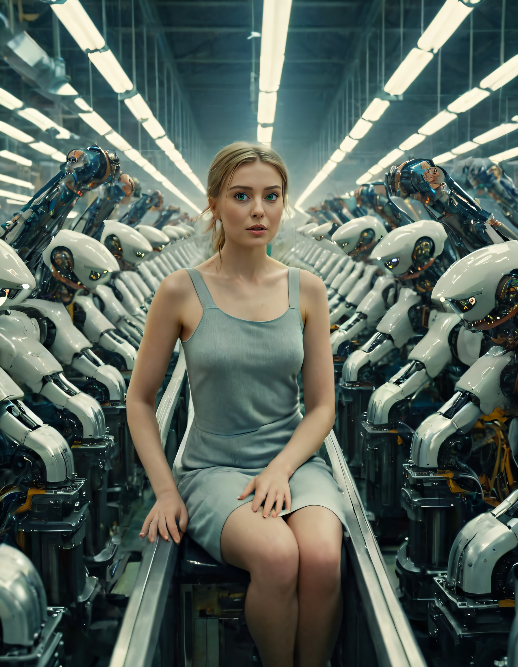 Enveloped by an industrial atmosphere, the enigmatic young aatatmvkf woman skillfully and diligently maneuvered her way through the bustling, mechanized landscape of the futuristic robot factory, where rows upon rows of robots-in-progress stretched out in intricate orderliness, each awaiting their turn on the assembly line as she gracefully interacted with them, her words and gestures weaving an enchanting symphony that seemed to both guide and inspire these life-like creations, all under the glaring glow of the factory's immense fluorescent lights. netflix, 4k <lora:aatatmvkf01:1>