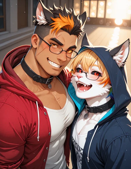 (depth of field, bokeh, highly detailed, absurdres, high_quality, newest, incredibly_absurdres, very_aesthetic)
(KKL-Illu, blush, looking_at_viewer, smile, short_hair, open_mouth, blonde_hair, brown_hair, black_hair, red_eyes, shirt, original, animal_ears, jacket, upper_body, white_shirt, male_focus, glasses, multiple_boys, multicolored_hair, open_clothes, teeth, cat_ears, 2boys, dark_skin, hood, orange_hair, grin, collar, muscular, from_above, fangs, scar, dark-skinned_male, pectorals, muscular_male, dual_persona, bara, scar_on_face, sleeves_rolled_up, furry, colored_sclera, large_pectorals, scar_across_eye, black_sclera, tokyo_afterschool_summoners, furry_male, rainbow, undercut, scar_on_cheek, pectoral_cleavage, body_fur, white_fur, colorful, yellow_sclera, whiskers, brown_fur, scar_on_nose)