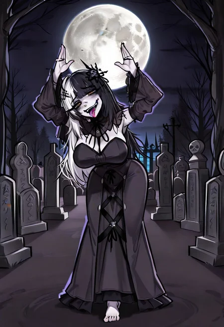 lazypos, 1girl, solo, Shi0riN0vella, multicolored hair, white hair, black hair, yellow eyes, single hair ornament BREAK Banshee, colored skin, grey skin, gothic, long hair, black hair, black veil, large breasts, full body, looking at viewer, smug, smile, head tilt barefoot, ace_glitch, dancing, eye bags, lipstick, eyelashes, tongue out, leaning forward, arms raised, BREAK , outdoors, graveyard, cold, full moon, blue light, dark theme