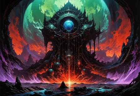 Digital artwork depicting an endless giant hexagonal tower, set against a dramatic, surreal backdrop. The tower is constructed from molten rock and crystals with glowing windows. The structure is illuminated by a few bright dramatic blue lights casting an eerie glow. The background is a swirling chaotic mix of dark greens and deep reds, with a large glowing cyan orb or vortex on the background of the image. The swirling colors create a sense of movement and chaos, suggesting stormy or apocalyptic atmosphere. The ground beneath the tower is a dark, rocky eerie hell landscape, with a few small shadowy silhouettes, adding to the sense of isolation and desolation. purple, rain, world on fire, The overall mood of the artwork is dark and foreboding, with a sense of impending doom or catastrophe. The texture of the artwork is highly detailed and realistic, with focus on the weathered and damaged appearance of the tower, enhancing the sense of decay and abandonment. The image conveys a sense of otherworldly horror and despair. night sky, dark fantasy, Gothic, colorful, vibrant colors, color contrast, light particles, high saturation, deep rich colors, vivid colors, shimmer, mysterious, dramatic, tragic, centered, depth of field, directional lighting, godrays, eerie atmosphere, dense fog, visionary, beyond-reality, horror theme, dreamcore, suspenseful, scenery, low angle, forced perspective, epic scale, (close-up:1.2), Wojtek Fus, Wayne Barlowe, William-Adolphe Bouguereau, Roger Dean