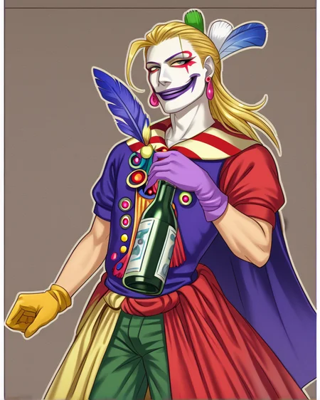 blonde hair, male focus, earrings, smile <lora:Kefka_FORPONY-10:1>clown, facepaint, cape, gloves, lipstick, earrings, evil smile, feathers, standing, holding poison, bottle of poison, purple water