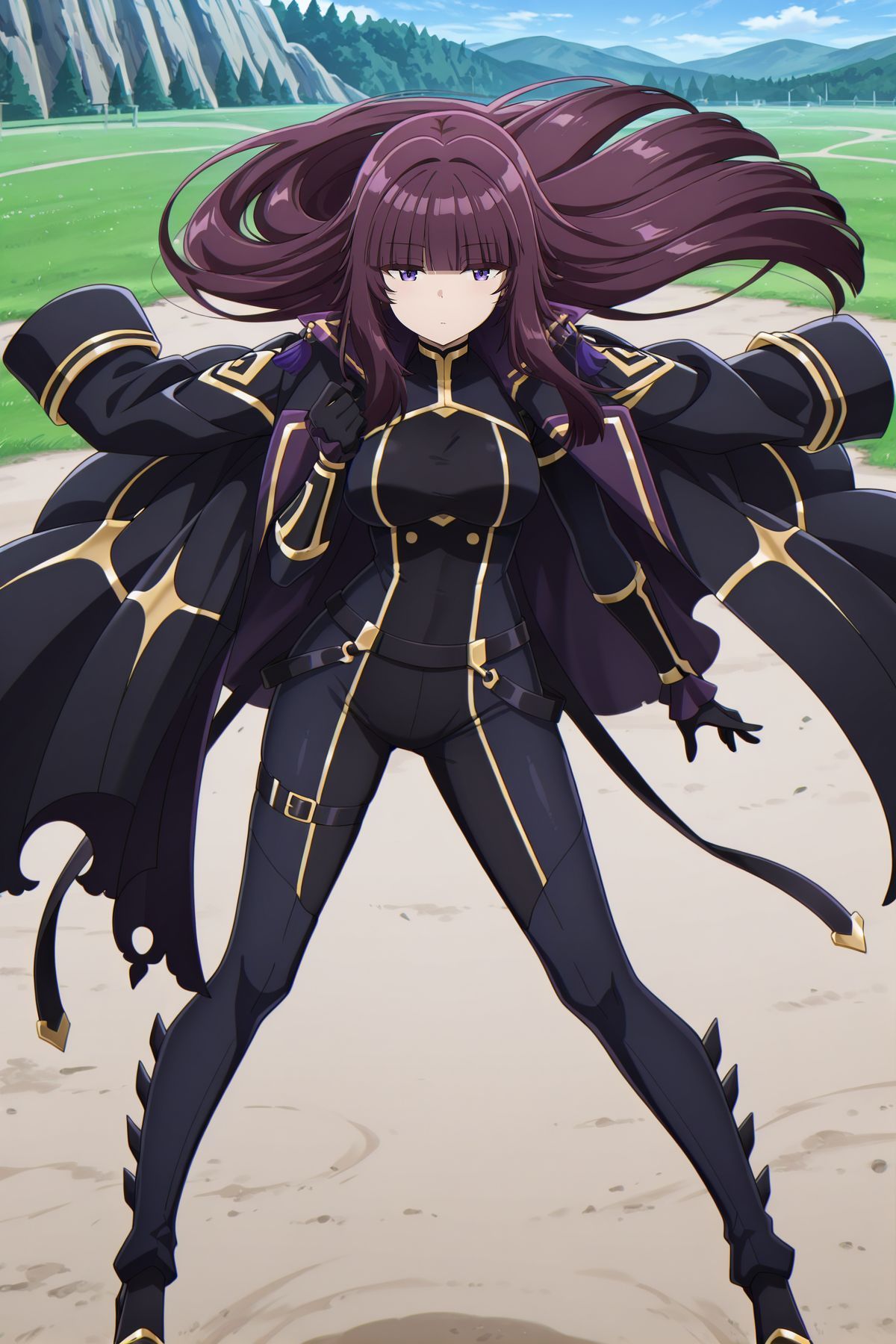 absurdres, highres, masterpiece, best quality, amazing quality, official anime artwork, screencap, anime screencap, outdoors, dynamic pose, standing, day, 
 <lora:Eta_Illustrious:1> Eta, 1girl, solo, purple eyes, purple hair, long hair, blunt bangs, sidelocks, pointy ears,, black coat, coat on shoulders, long sleeves, black bodysuit, gold trim, skin tight, black gloves, black shoes, high heels,