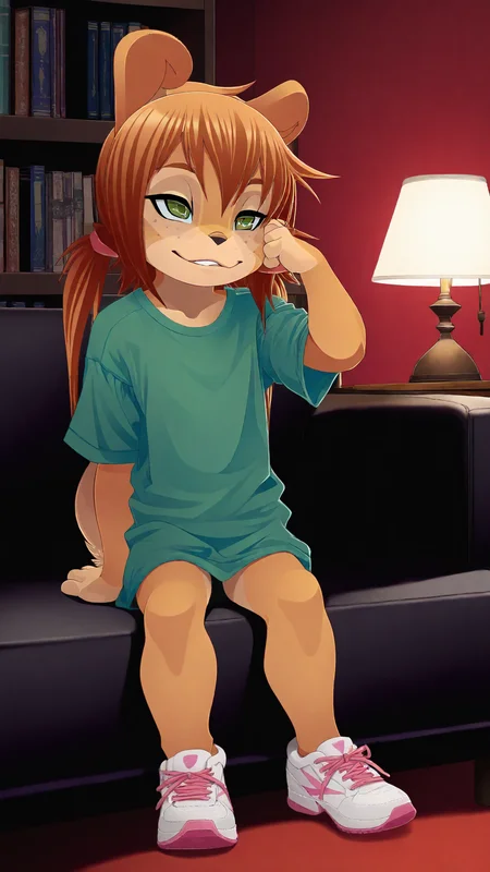 (detailed background:1.2), photorealistic, high quality, image depth, cinematic lighting, photorealistic, <lora:pony_good_hands:1>, blushing, solo, masterpiece, highest quality, 1 girl (Rocketgirl, 1girl, solo, animal ears, furry female, tail, brown hair, long hair, green eyes, bangs,freckles, brown fur,full body, sidelocks, twintails, two-tone fur), parted lips, (eyes half closed:1.2), <lora:add-detail-xl:1> <lora:add_detail:1>, detailed face, small frame, sharp outlines, on the couch, sleepy face, half asleep, living room setting, lamp, couch, bookshelf, green t-shirt with golden trim, white shoes, deep shadows, SFW, night setting, cute, small smile, <lora:Rocketgirl_v01_ILXL:1> <lora:Beautiful Detailed Eyes:1> <lora:Detailed_eyes:1>, score_9, score_8_up, score_7_up, score_6_up, score_5_up, score_4_up,