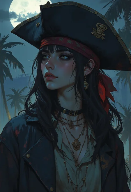 OBxiaoxiang, in the style of ck-mgs, side portrait of japanese female pirate, long hair, bangs, sidelocks, bandana, Tricorne hat, dark eyeshadow, necklaces, earrings, red lips, directional light, silhouetted, chaiscuro, outdoors, moonlight