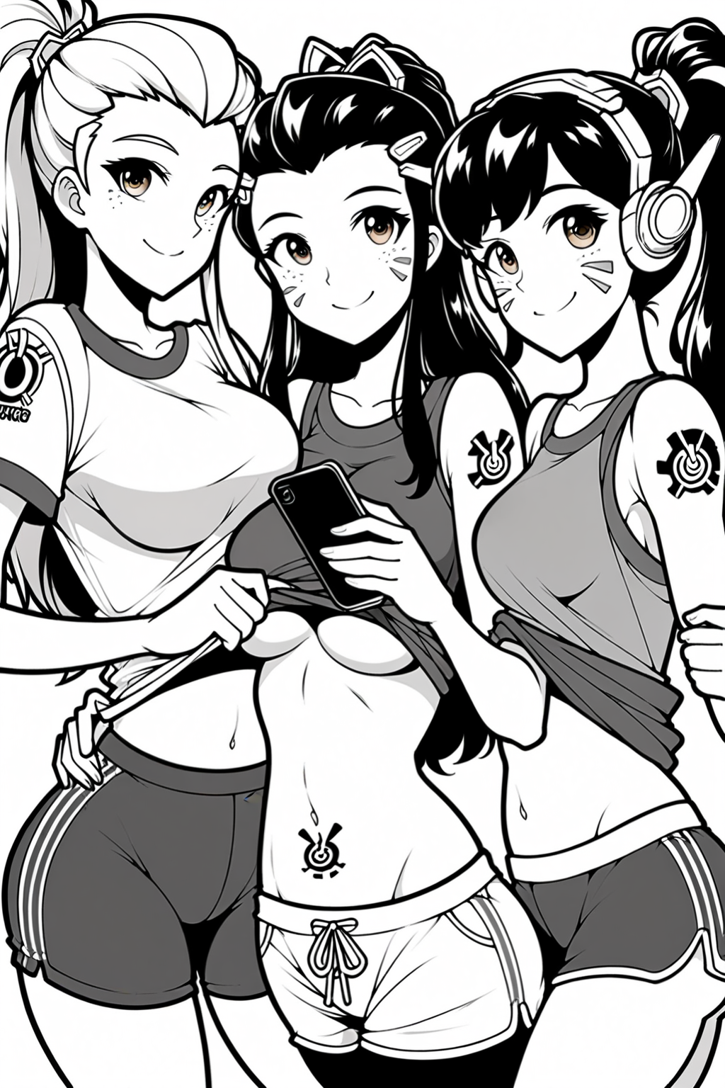 overwatch brigitte_(overwatch) d.va_(overwatch) highres 3girls artist_name ass bare_arms bare_shoulders black_pants breasts brown_eyes brown_hair closed_mouth clothes_lift cowboy_shot freckles gym gym_uniform holding holding_phone large_breasts long_hair multiple_girls navel pants phone ponytail red_shirt red_shorts shirt shirt_lift shorts shoulder_tattoo sidelocks smile stomach tattoo
<lora:AnimeLineArtPony:1>
