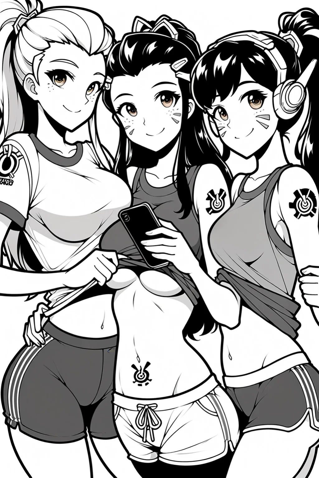 overwatch brigitte_(overwatch) d.va_(overwatch) highres 3girls artist_name ass bare_arms bare_shoulders black_pants breasts brown_eyes brown_hair closed_mouth clothes_lift cowboy_shot freckles gym gym_uniform holding holding_phone large_breasts long_hair multiple_girls navel pants phone ponytail red_shirt red_shorts shirt shirt_lift shorts shoulder_tattoo sidelocks smile stomach tattoo
<lora:AnimeLineArtPony:1>