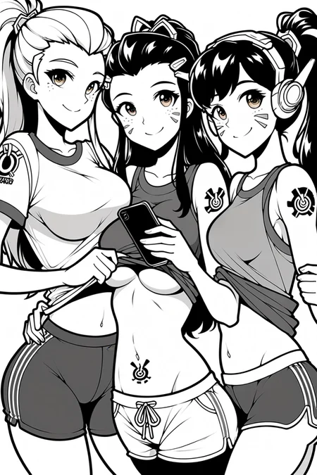 overwatch brigitte_(overwatch) d.va_(overwatch) highres 3girls artist_name ass bare_arms bare_shoulders black_pants breasts brown_eyes brown_hair closed_mouth clothes_lift cowboy_shot freckles gym gym_uniform holding holding_phone large_breasts long_hair multiple_girls navel pants phone ponytail red_shirt red_shorts shirt shirt_lift shorts shoulder_tattoo sidelocks smile stomach tattoo
<lora:AnimeLineArtPony:1>