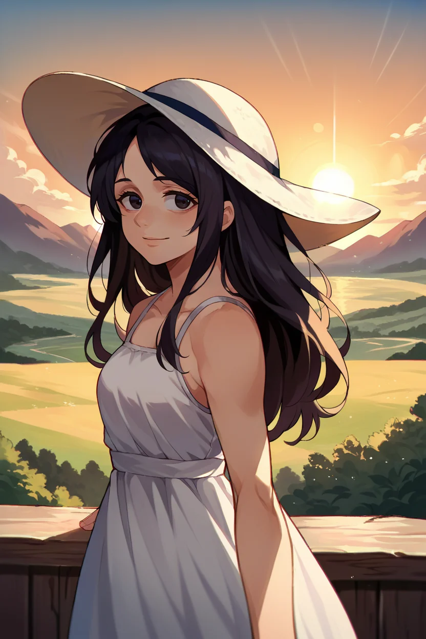 score_9, score_8_up, score_7_up, score_6_up, source_anime, 1girl, <lora:pieckfinger-pdxl-nvwls-v1-000006:1> aotpf, black hair, long hair, black eyes, white sundress, sun hat, sunset, lens flare, chromatic aberration, landscape, smile, upper body