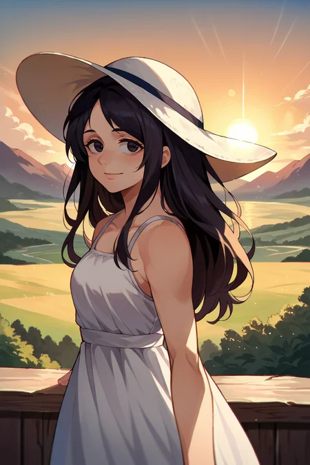 score_9, score_8_up, score_7_up, score_6_up, source_anime, 1girl, <lora:pieckfinger-pdxl-nvwls-v1-000006:1> aotpf, black hair, long hair, black eyes, white sundress, sun hat, sunset, lens flare, chromatic aberration, landscape, smile, upper body