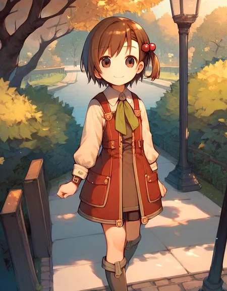 recette, outdoors, young 1girl, at night, brown hair, hair ornament, short hair, hair bobbles, brown eyes, smile, standing in park, bold colors, cute smile, recettear, cowboy shot