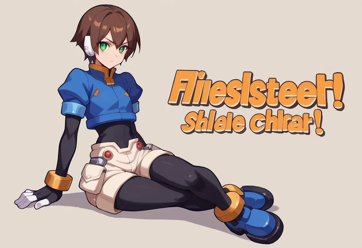 score_9, score_8_up, score_7_up, source_anime, SSBUSplashArt, english text, <lora:SSBUSplashArt_XLPD_1:1.4>, <lora:PlasticChair_XLPD:1>, 1girl, small breasts, brown hair, short hair, green eyes, robot ears, black bodysuit, fingerless gloves, blue Cropped Jacket, cropped jacket, short sleeves, bracelet, shorts, anklet, shoes, blue footgear