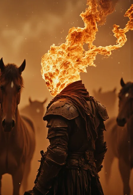 Cinematic close-up of a rogue in tattered leather armor, his head replaced by roaring, wind-torn flames. He stands amidst a thundering herd of wild horses, their powerful forms blurring into motion, kicking up dust and shadows. The air is thick with chaos, the storm of hooves drowning out all but the flickering roar of his enchanted fire. His shredded cloak and leather straps whip violently in the turbulence, his flame bending and writhing with the stampede’s force. Only sparse beams of golden light pierce through the swirling mass of beasts, illuminating the rogue’s charred pauldrons and the translucent, supernatural glow radiating from his fire-wrought crown. The scene is drenched in deep, cinematic tones—muted browns, scorched blacks, and ember-lit oranges, giving the image a dramatic, moody intensity. Cinematic composition, hyper-detailed textures, Leica Q2 with Summilux 35mm f/1.2 ASPH, ultra high resolution, 8K, RAW photo, dramatic angle, rich texture details, epic lighting.