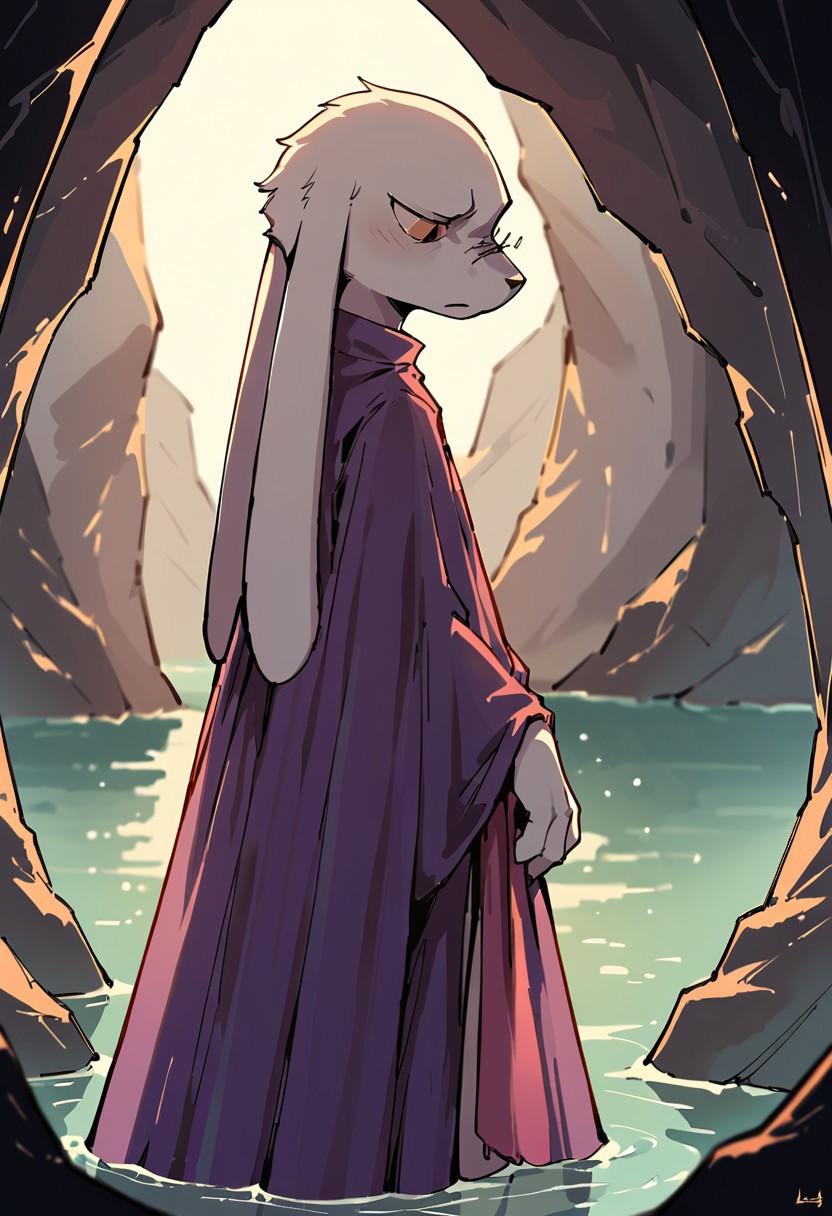 score_9,score_8_up,score_7_up, cave, shadow, lighting, king, purple dress, long ears, side view, ocean, looking down at the water, sword on the ground