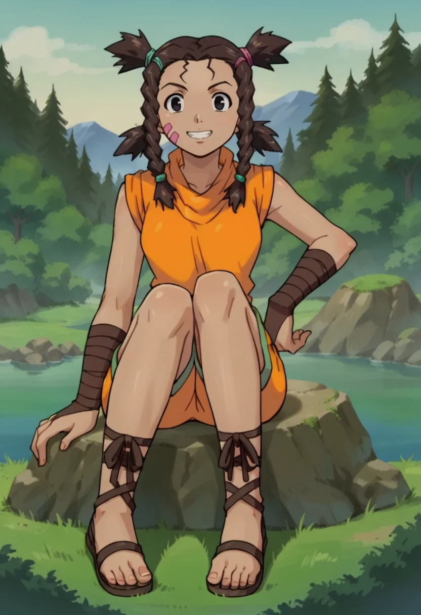 score_9,score_8_up,score_7_up,score_6_up,score_5_up,score_4_up,anime coloring BREAK source_anime,anime,<lora:Moonbay_Zoids_Pony:0.7>,moonbay,1girl,solo,black eyes,dark skin,facial mark,brown hair,twin braids,quad tails,two-tone hair tie,orange shirt,sleeveless,bandaged arm,orange shorts,ankle lace-up,sandals,grin,sitting on rock,outdoors,looking at viewer,