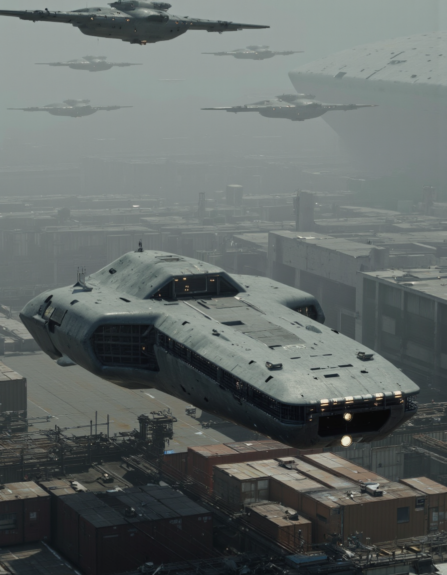 By Paul Chadeisson. A photo-realistic shoot from below about a futuristic spaceship flying over a large ship-like structure in a hazy industrial environment. the image also shows a dense, industrial setting with multiple aircrafts flying overhead. on the middle of the image, a large, armored vehicle with a sleek, futuristic design is seen from below, with its headlights on, and it appears to be floating in the air. the vehicle has a long, narrow body with a pointed nose and multiple windows on the front, giving it a futuristic look. it is positioned in the center of the frame, with the ship in the foreground and the aircrafts in the background. the ship is grey in color and has a glossy finish, with no visible damage or wear. the background shows a large industrial area with multiple buildings and containers, and the sky is overcast with a thick layer of fog or mist covering the entire scene. the overall atmosphere is hazy and industrial, with a sense of depth and atmosphere.
