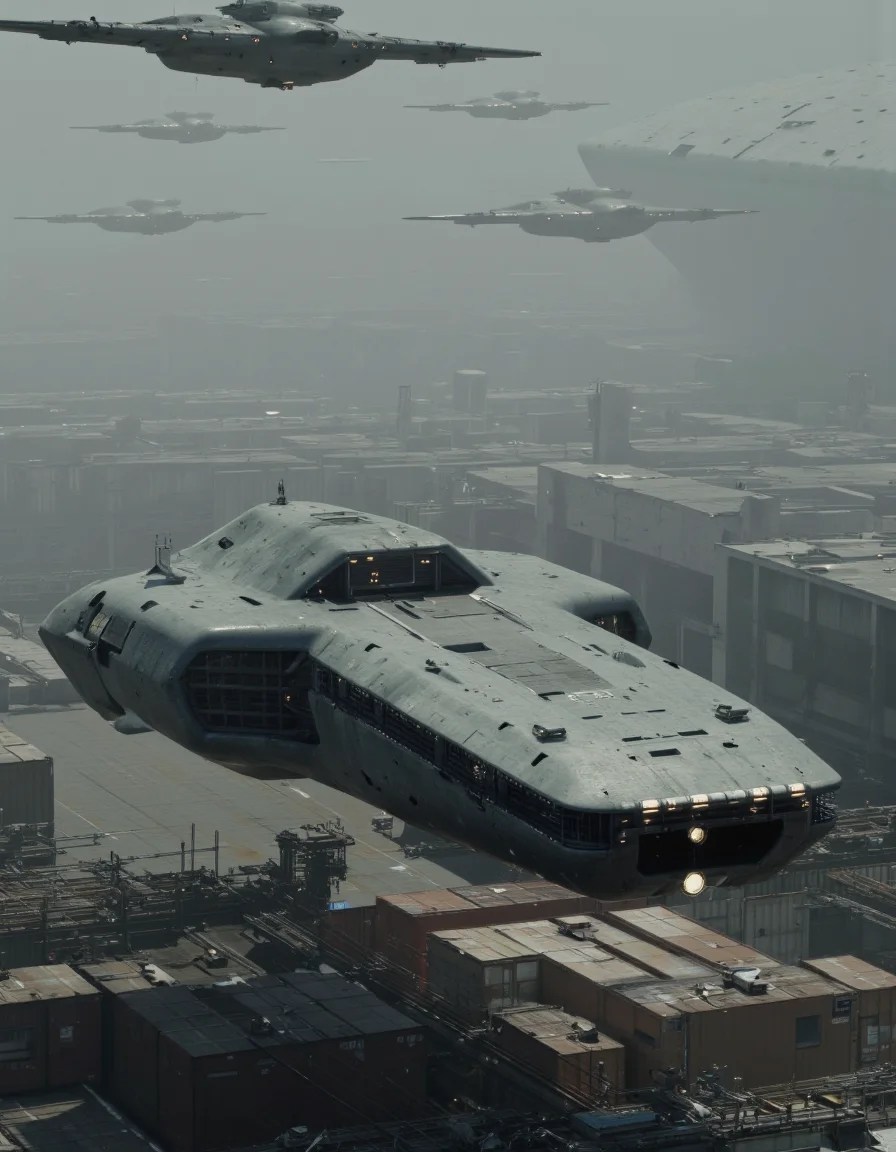 By Paul Chadeisson. A photo-realistic shoot from below about a futuristic spaceship flying over a large ship-like structure in a hazy industrial environment. the image also shows a dense, industrial setting with multiple aircrafts flying overhead. on the middle of the image, a large, armored vehicle with a sleek, futuristic design is seen from below, with its headlights on, and it appears to be floating in the air. the vehicle has a long, narrow body with a pointed nose and multiple windows on the front, giving it a futuristic look. it is positioned in the center of the frame, with the ship in the foreground and the aircrafts in the background. the ship is grey in color and has a glossy finish, with no visible damage or wear. the background shows a large industrial area with multiple buildings and containers, and the sky is overcast with a thick layer of fog or mist covering the entire scene. the overall atmosphere is hazy and industrial, with a sense of depth and atmosphere.