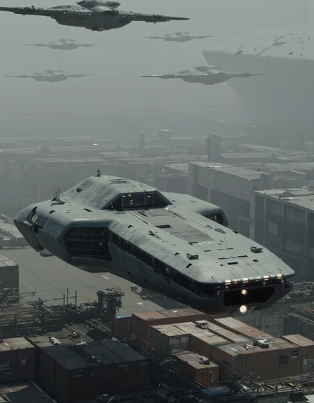 By Paul Chadeisson. A photo-realistic shoot from below about a futuristic spaceship flying over a large ship-like structure in a hazy industrial environment. the image also shows a dense, industrial setting with multiple aircrafts flying overhead. on the middle of the image, a large, armored vehicle with a sleek, futuristic design is seen from below, with its headlights on, and it appears to be floating in the air. the vehicle has a long, narrow body with a pointed nose and multiple windows on the front, giving it a futuristic look. it is positioned in the center of the frame, with the ship in the foreground and the aircrafts in the background. the ship is grey in color and has a glossy finish, with no visible damage or wear. the background shows a large industrial area with multiple buildings and containers, and the sky is overcast with a thick layer of fog or mist covering the entire scene. the overall atmosphere is hazy and industrial, with a sense of depth and atmosphere.