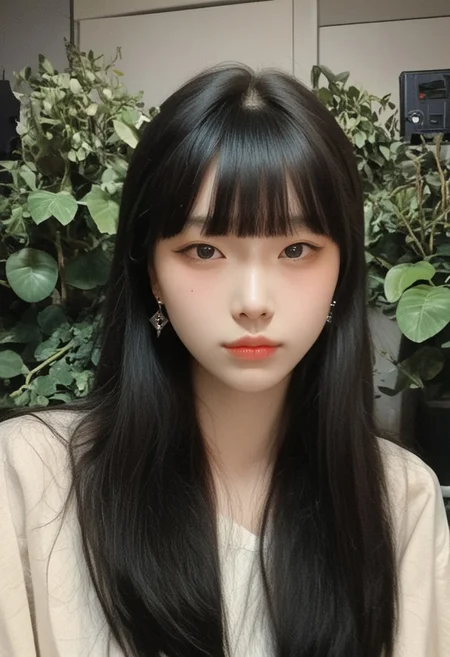 score_9, score_8_up, score_7_up, score_6_up, krgrl, korean girl, cute korean girl, photo, grainy, amateur, lowres, 2000s nostalgia, webcam photo, flash, 1girl, solo, black hair, looking at viewer, mole under eye, jewelry, earrings, bangs, mole, blunt bangs, long hair, plant, closed mouth, upper body, grey eyes