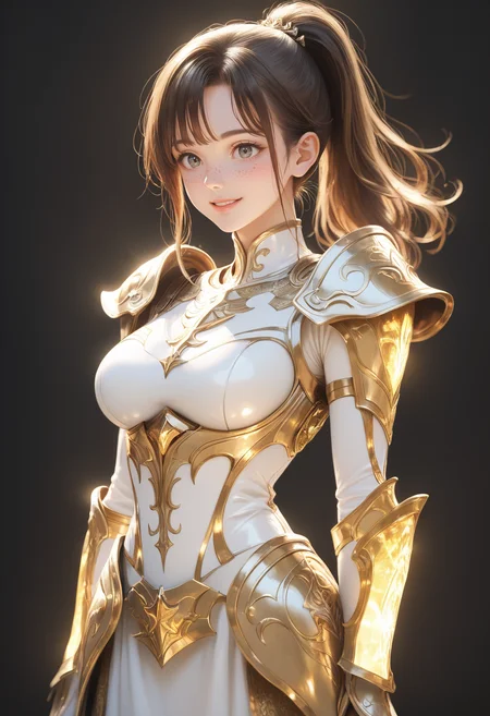 score_9, score_8_up, score_7_up, source_anime, masterpiece, best quality, perfect anatomy, very aesthetic, ((outlined outlined vector graphics)),no norm,
, cute face, (glow eyes:0.8), glittering, glimmering,, black background, cowboy shot, smile,__anlge__,
1girl, solo, 20yo, brown hair, gray eyes, (large breast:1), (ponytail:1.1), medium hair,(curvy:1.1),bangs, bodysuit, glowing, nature, skin tight, freckles,, holy armor, white holy armor, , white dress, gold armor, gold holy light, fantasy, standing , , arms behind back, , <lora:holy-light-armor-01:1>