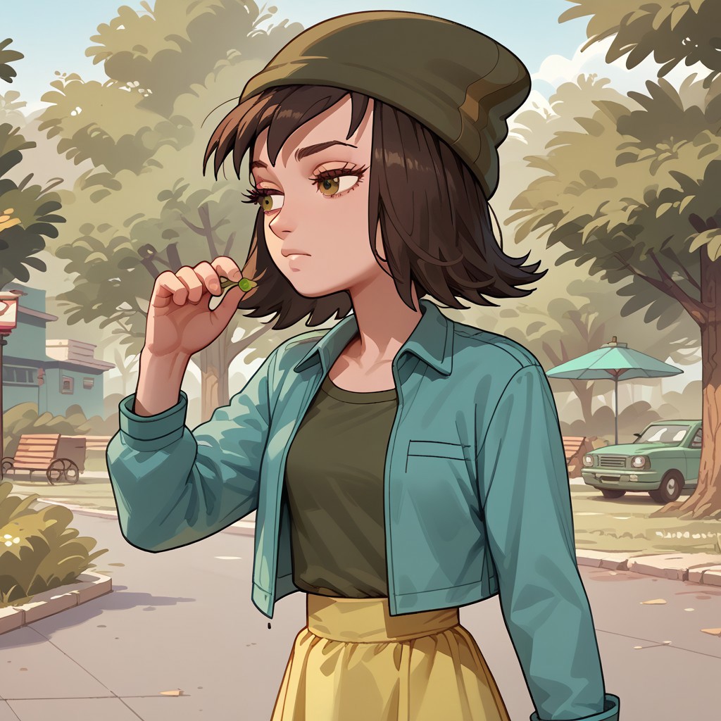 score_9, score_8_up, score_7_up,
1girl, solo, outdoors, park trees, olive green shirt, turquoise jacket, yellow skirt, brown boots, olive green beanie,five fingers,