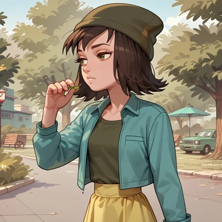 score_9, score_8_up, score_7_up,
1girl, solo, outdoors, park trees, olive green shirt, turquoise jacket, yellow skirt, brown boots, olive green beanie,five fingers,