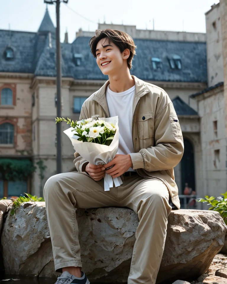 1boy,solo,male focus,score_9,score_8_up,score_7_up, Korean, The image features a young man sitting on the edge of a rock with a relaxed posture. He is dressed in a casual outfit that consists of beige trousers and a matching beige jacket. Underneath the jacket, a white t-shirt is visible. The man is holding a small bouquet of flowers, which he seems to be presenting or offering.
BREAK, He is smiling and looking directly towards the camera, conveying a sense of joy or anticipation. The man has short, dark hair and appears to be in his late teens or early twenties. The background of the image is out of focus but suggests an outdoor setting with architectural features like a building and a structure with a corrugated metal roof.
BREAK, The style of the image is candid and appears to be a lifestyle or fashion photograph, with shallow depth of field that keeps the person in sharp focus while the background fades into soft colors. The lighting is bright and even, suggesting a sunny day. There are no texts visible in the image.
<lora:Expressive_H:1>