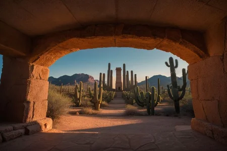 raw photo, a sunset landscape, Arizona desert, Saguaro Cactus, Tall Mesa, cozy, (tall ancient towers; 1.39) (temple complex emerging from canyon) , photorealistic, high detailed texture, 8k uhd, dslr, soft lighting, high quality, film grain, Fujifilm XT3, Sony A7 IV, highly detailed photography, (muted colors, cinematic, dim colors, soothing tones:1.2), vibrant, insanely detailed, hyperdetailed, (dark shot:1.2), (vsco:0.3), (intricate details:0.9), (hdr, hyperdetailed:1.2) (highest coherency: 1.39) (highest quality: 1.39) (rule of Thirds) (award winning) (breathtaking) (masterclass) (vibrant color: 0.79) (distant hillside)(cinematic lighting, David Park, lights,) (FanRu)