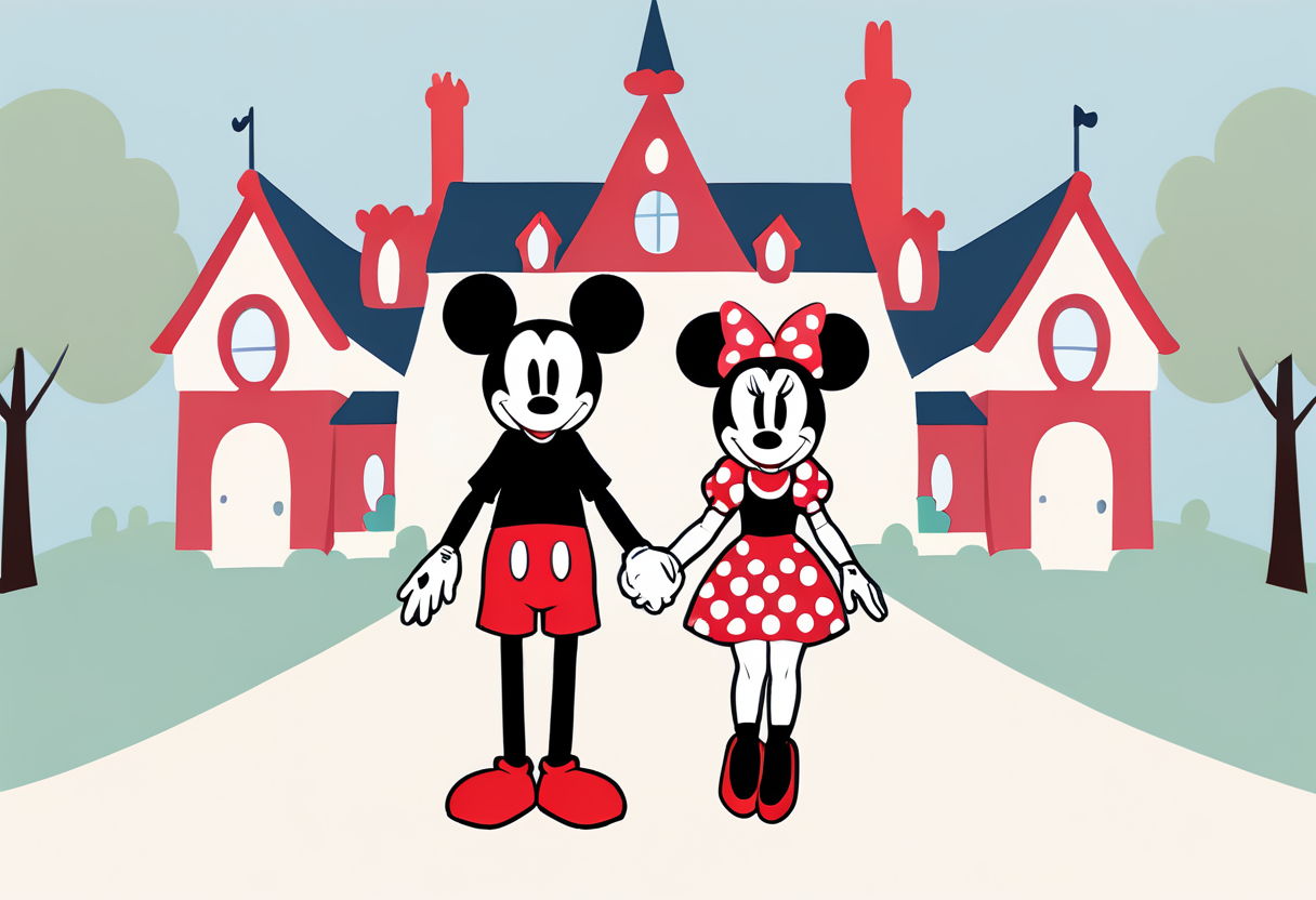 minimal1st, 1girl, 1boy, minnie mouse and mickey house holding hands, faceless, full body, cheery background <lora:Minimalist_Anime_XL:1>