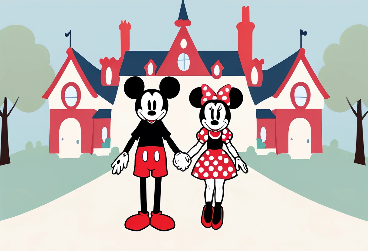 minimal1st, 1girl, 1boy, minnie mouse and mickey house holding hands, faceless, full body, cheery background <lora:Minimalist_Anime_XL:1>