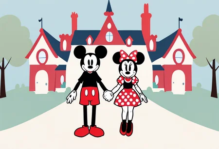minimal1st, 1girl, 1boy, minnie mouse and mickey house holding hands, faceless, full body, cheery background <lora:Minimalist_Anime_XL:1>